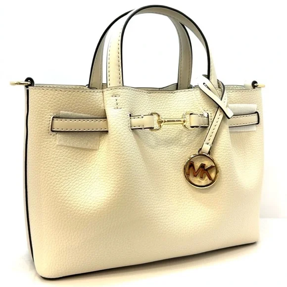 Michael Kors Small Carson Pebbled Leather Satchel Bag Light Cream